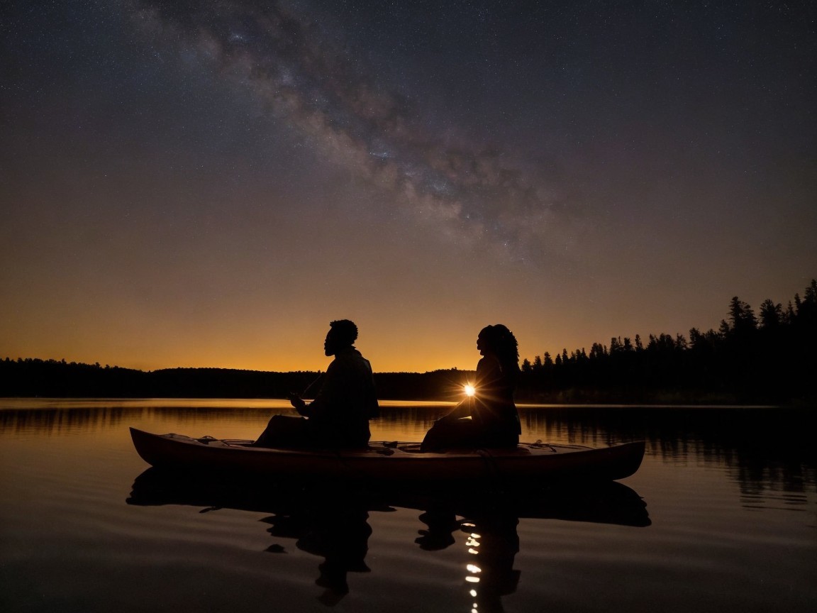 Kayakers on a calm lake under the Milky Way