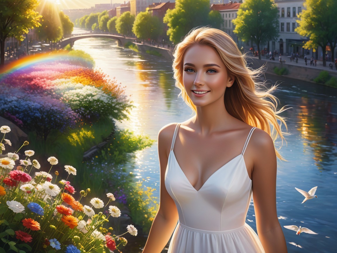 Serene River Scene with Woman in White Dress