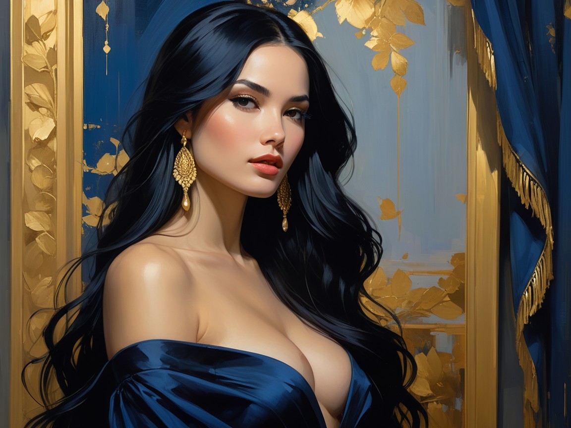 Portrait of a woman in dark blue off-shoulder attire