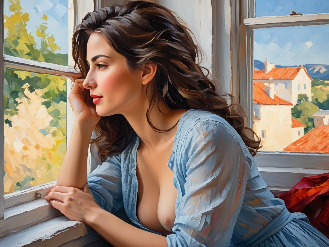 Woman in Light Blue Garment Gazing Out Window