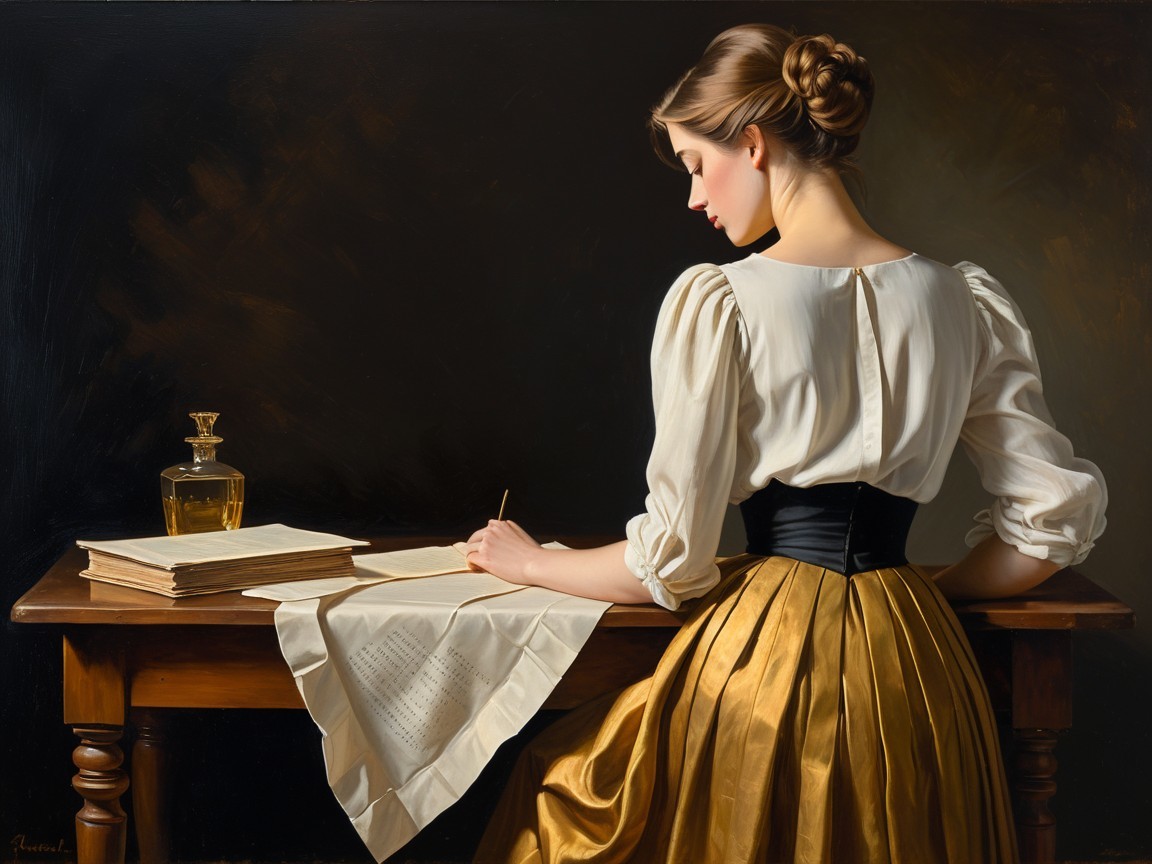 Young woman writing at a wooden table in serene setting