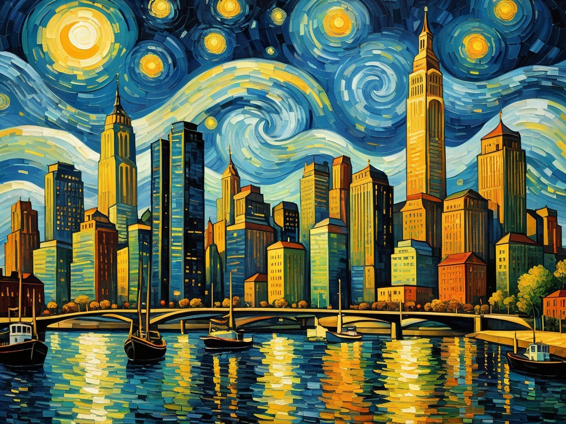 Vibrant City Skyline at Night with Starry Sky