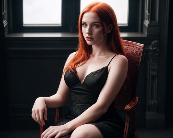 Young woman in black lace dress in dramatic setting