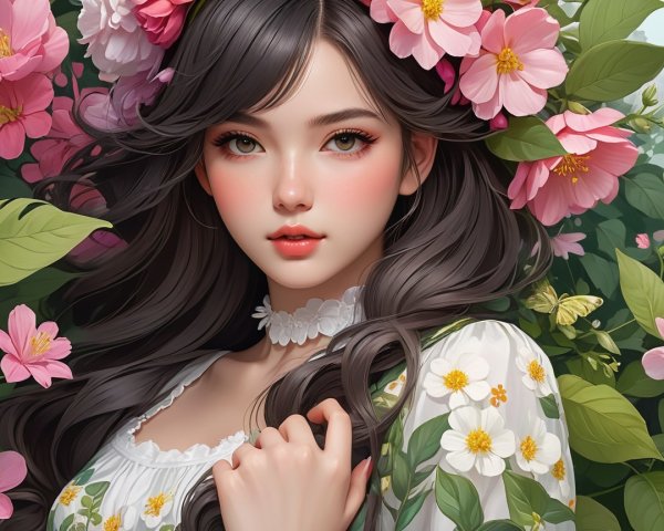 Close-Up of Young Woman with Floral Background