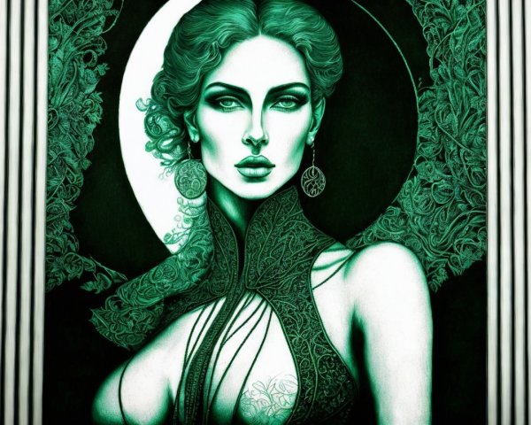 Ethereal Woman Surrounded by Intricate Patterns and Foliage