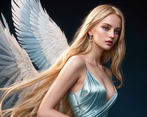 Ethereal figure in blue gown with angelic wings
