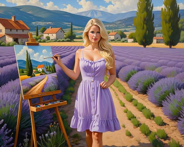 Woman Painting in Lavender Field with Rolling Hills