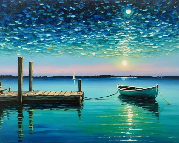 Calm Waterfront at Dusk with Boats and Vibrant Sky