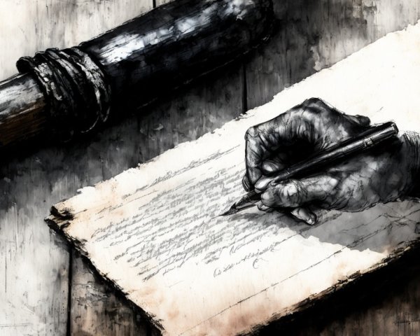 Weathered Hand with Pen Over Aged Parchment Sheet