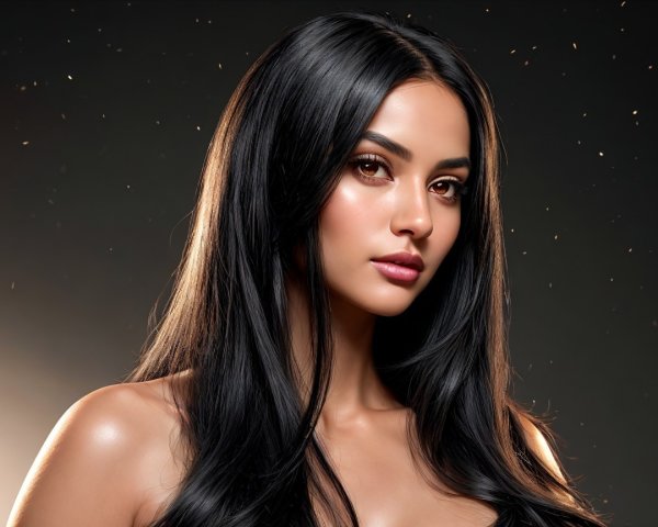 Portrait of a woman with black hair and radiant skin