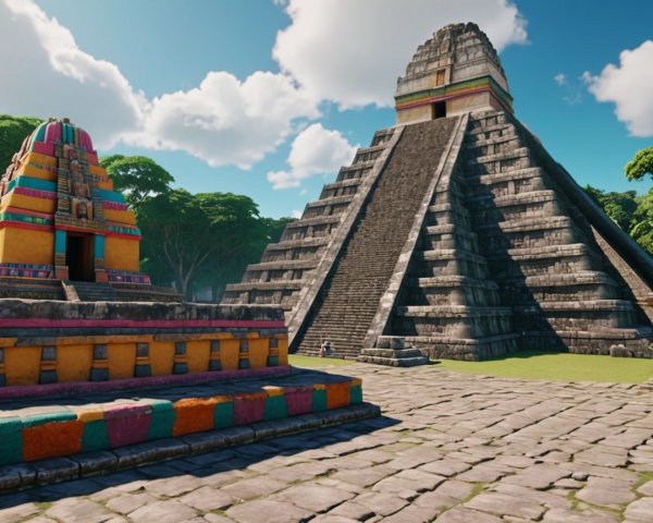 Ancient Mesoamerican Pyramids with Vibrant Sky