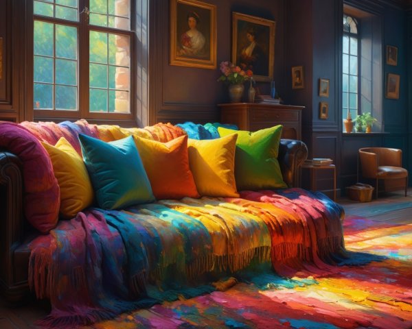 Cozy living room with sunlight and colorful decor
