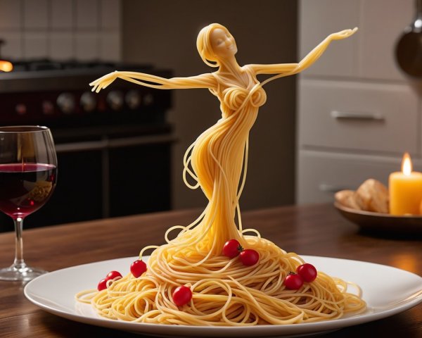 Intricate Spaghetti Sculpture of a Dancer on Plate