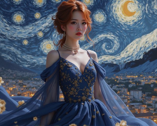 Young woman in blue gown against starry night sky