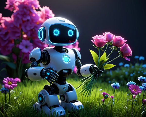 Robot in a Garden with Pink Roses and Colorful Flowers