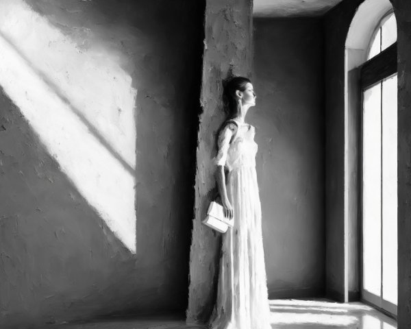 Solitary Figure in White Gown by Large Window