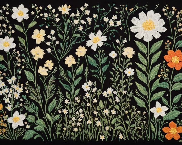 Embroidered Wildflowers and Greenery on Black Background