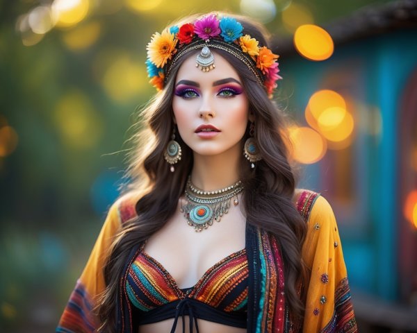 Young Woman in Colorful Bohemian Outfit with Floral Crown