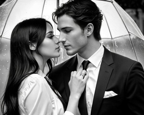Couple Under Transparent Umbrella in Gentle Rain