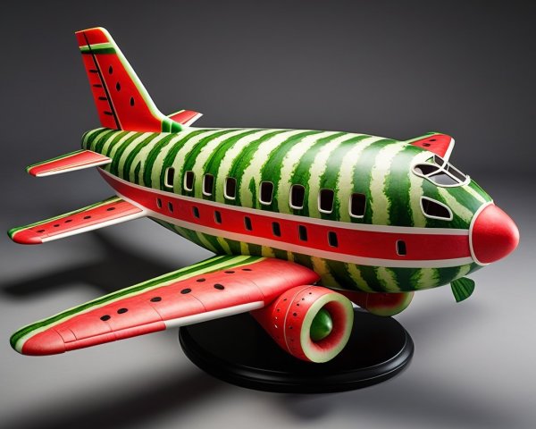 Whimsical Airplane Sculpture Resembling a Watermelon