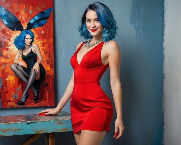 Woman in Red Dress with Blue Hair and Abstract Art