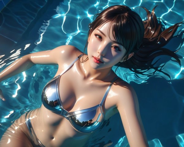 Young Woman in Metallic Bikini by Shimmering Pool