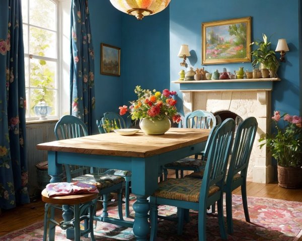 Brightly Colored Dining Room with Floral Accents