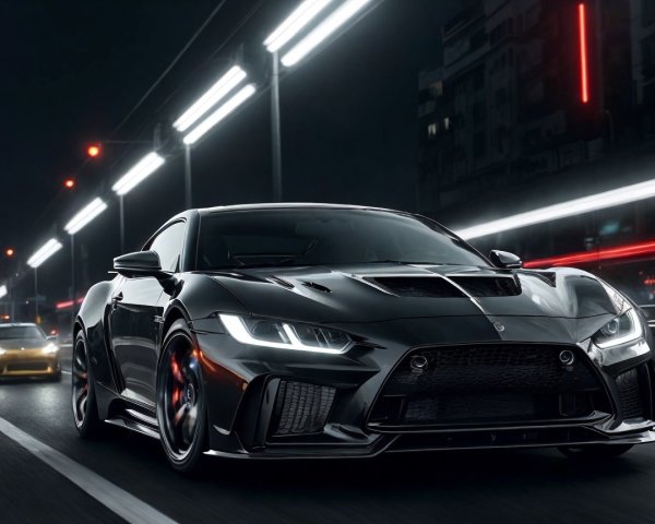 Sleek Black Sports Car in Night Cityscape Setting
