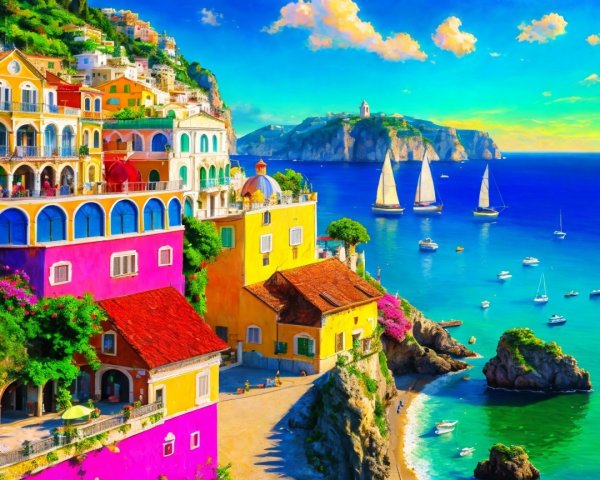 Coastal Scene with Colorful Houses and Sailboats