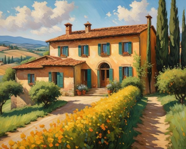 Tuscan Villa Amidst Lush Greenery and Yellow Flowers
