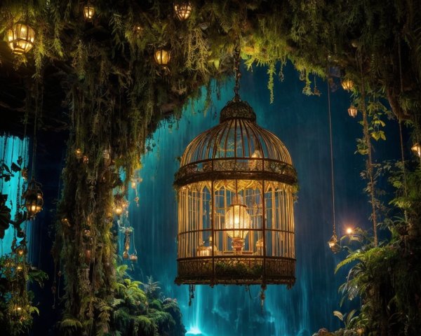 Mystical Cavern with Lush Greenery and Lanterns
