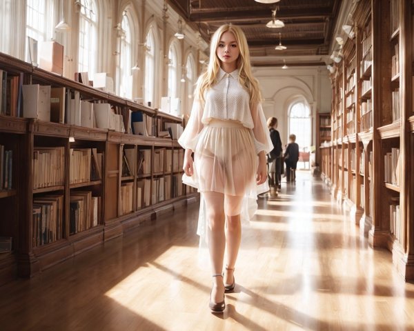 Young Woman in Sheer Outfit in Sunlit Library