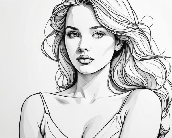 Monochrome Illustration of a Serene Woman's Portrait