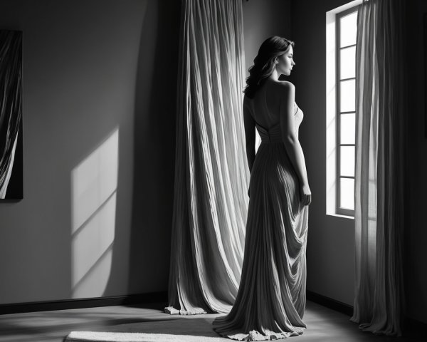 Woman in Elegant Gown by Window in Soft Light