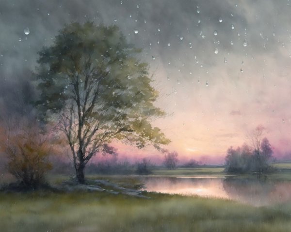 Serene Dusk Landscape with Tree and Calm Pond