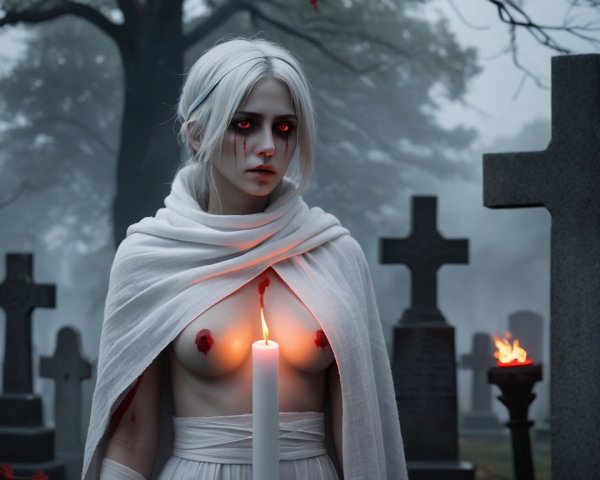Misty Cemetery Scene with Figure and Candlelight