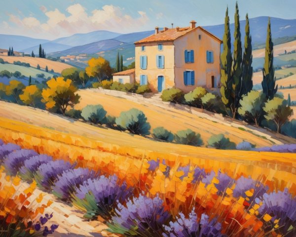 Vibrant Landscape with Yellow House and Lavender Fields
