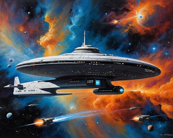 Futuristic Spaceship in Vibrant Cosmic Scene