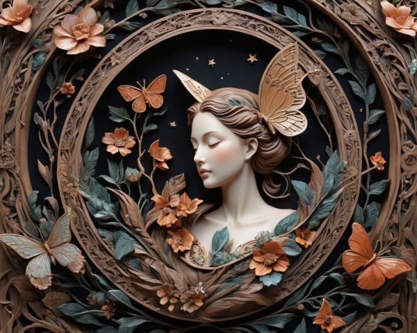 Serene Woman's Face Surrounded by Flowers and Butterflies