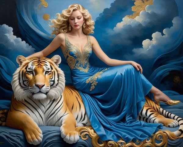 Glamorous Woman in Blue Gown Beside Majestic Tiger