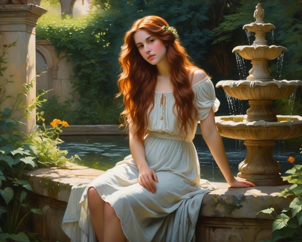 Young woman by fountain in serene garden setting
