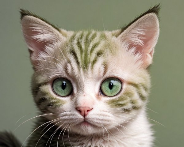 Close-up of a fluffy kitten with green eyes and stripes