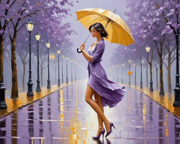Woman in Purple Dress with Yellow Umbrella on Street