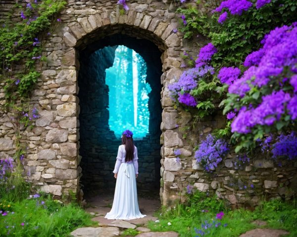 Serene figure in white dress by stone archway and flowers