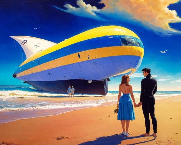 Couple on Beach with Vibrant Airship Above Water