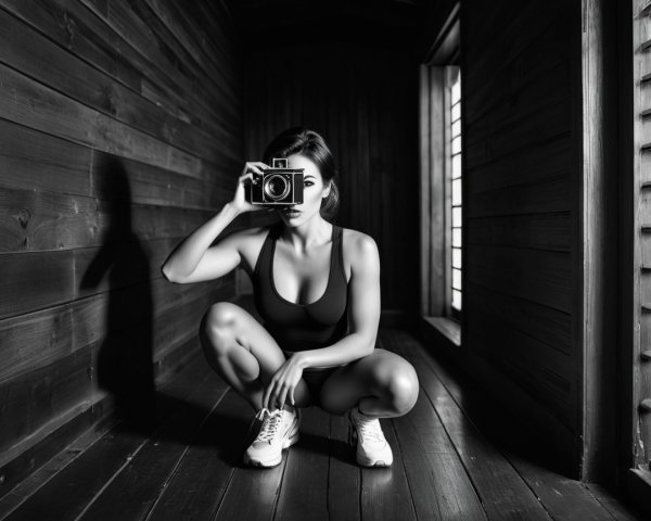 Black and white portrait of a woman with a camera