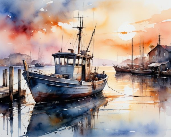 Serene Waterfront Sunset with Fishing Boat and Dock