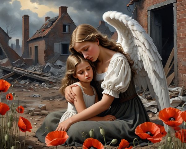 Angel with Wings Embraces Girl in Ruined Landscape