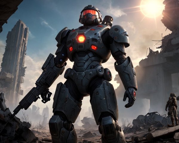 Futuristic Armored Robot in Post-Apocalyptic Setting