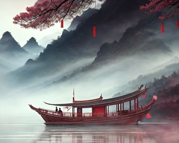 Tranquil Lake Scene with Cherry Blossoms and Lanterns